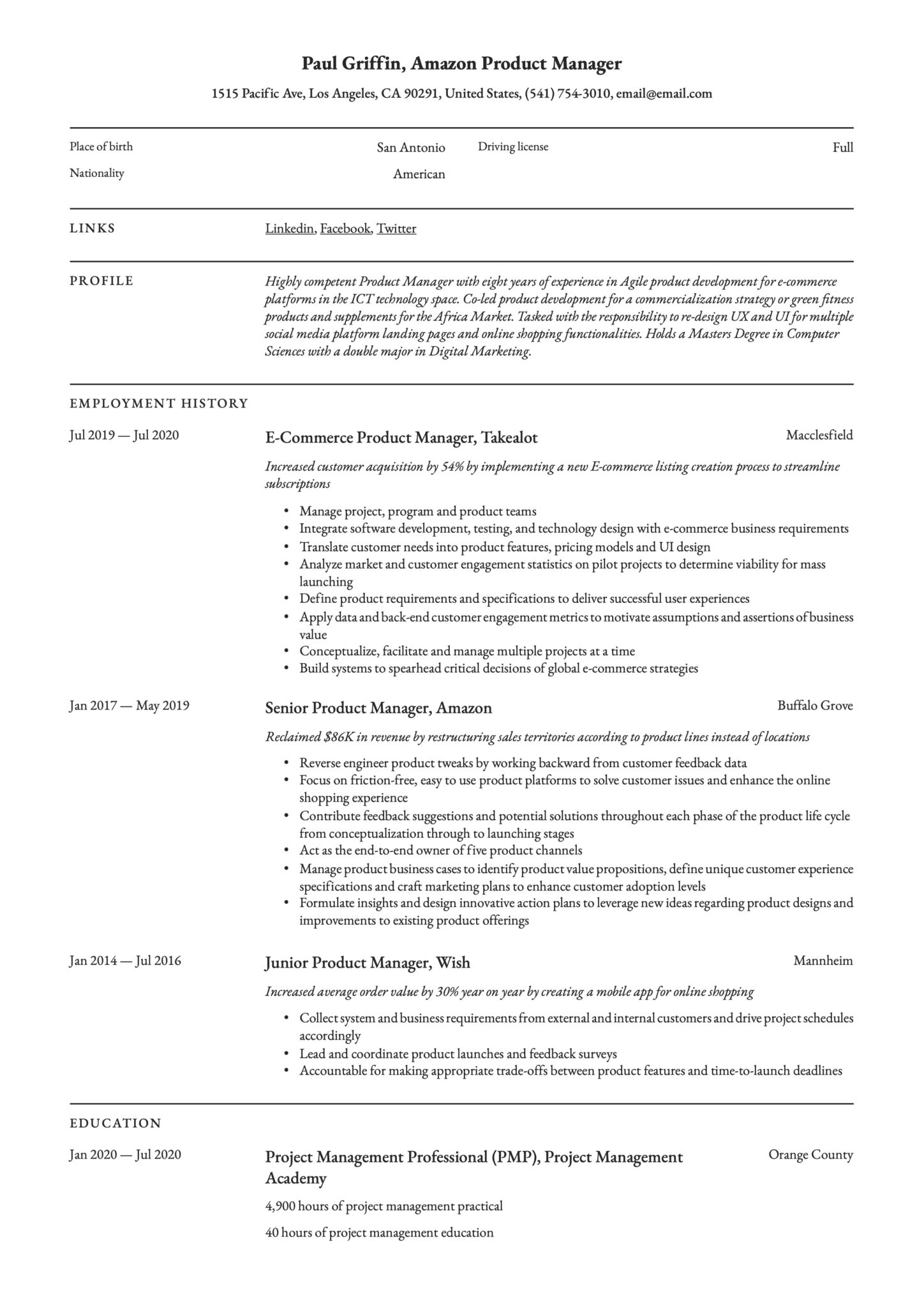 Professional Simple Resume Template Amazon Product Manager