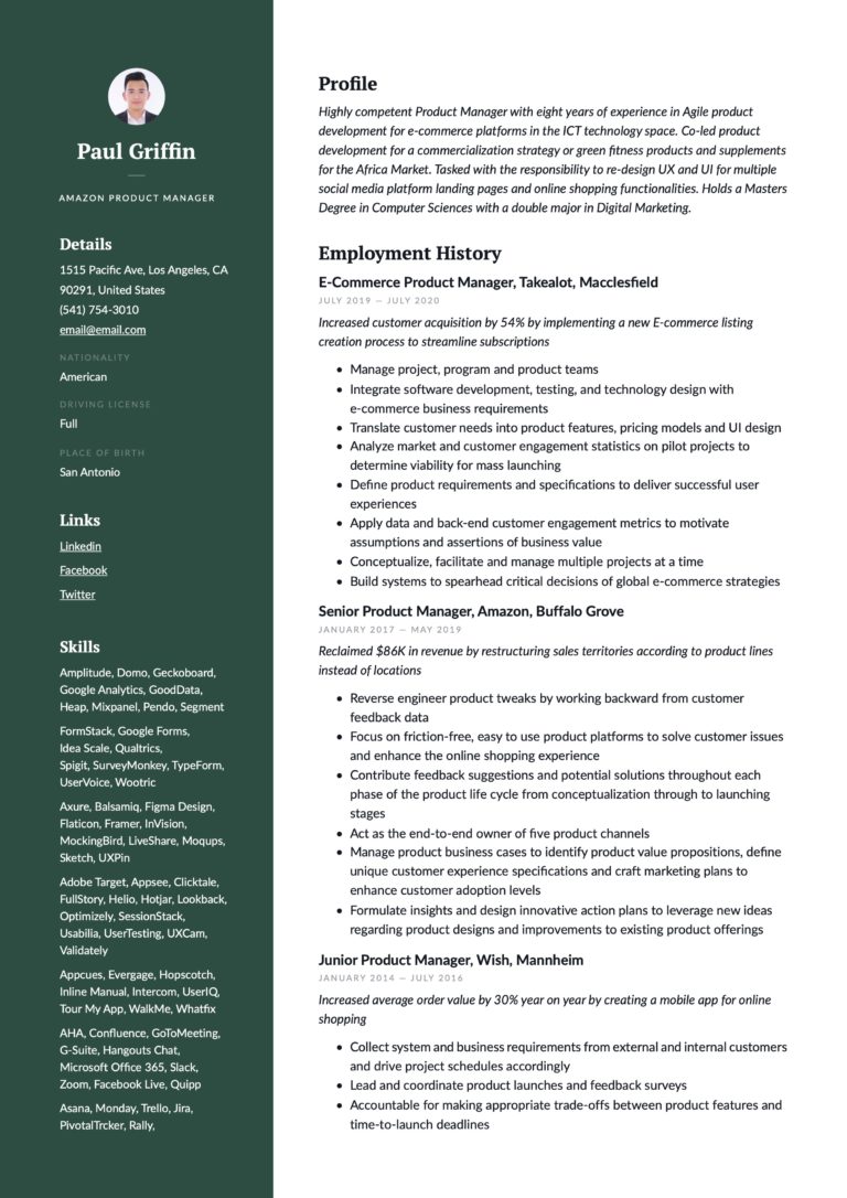 Professional Green Resume Example Amazon Product Manager
