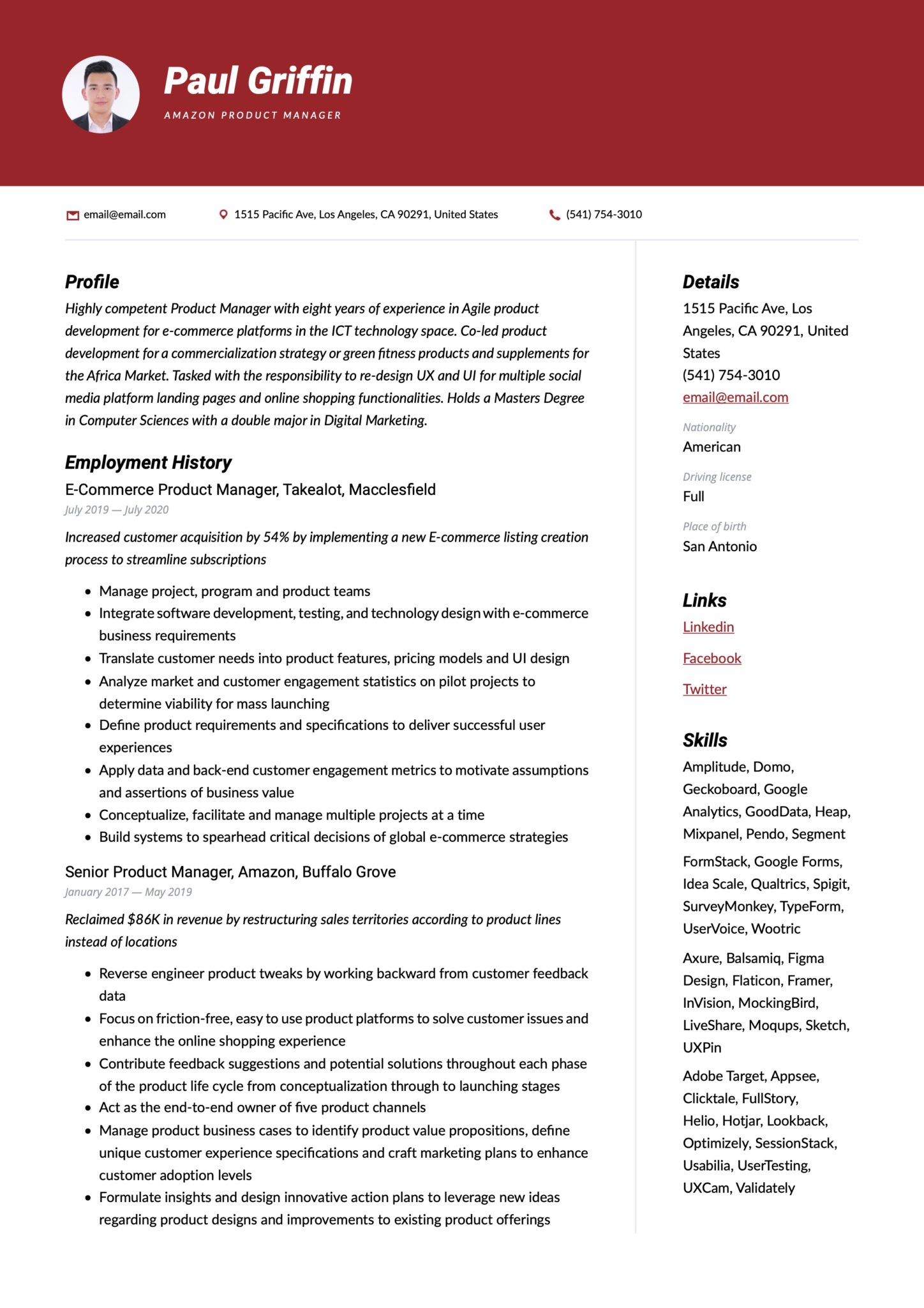 Modern Red Resume Template Amazon Product Manager