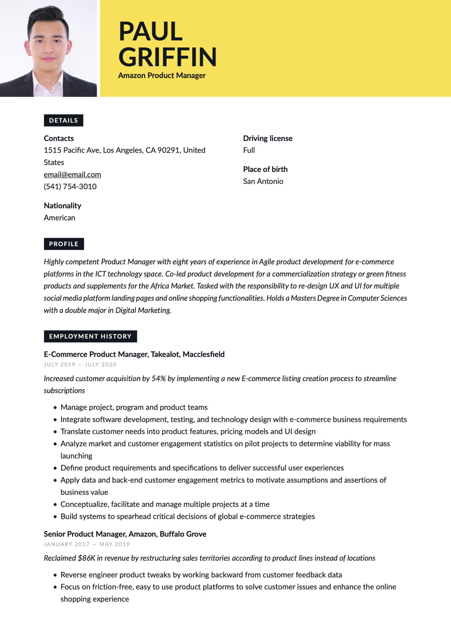 Creative Yellow Resume Template Amazon Product Manager