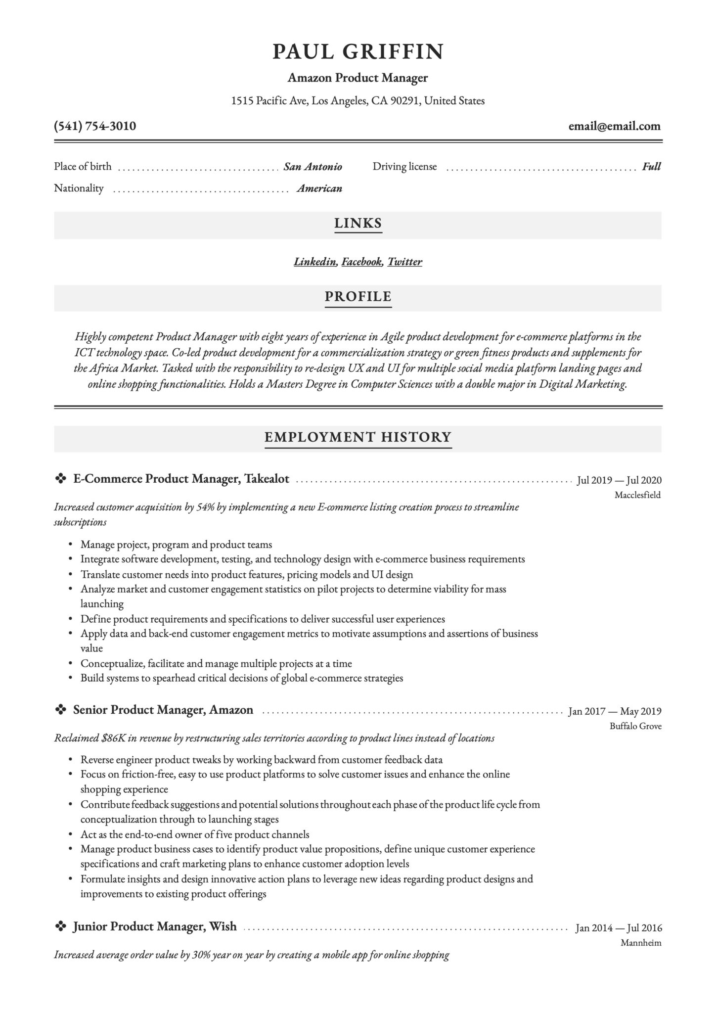 Professional Resume Example Amazon Product Manager