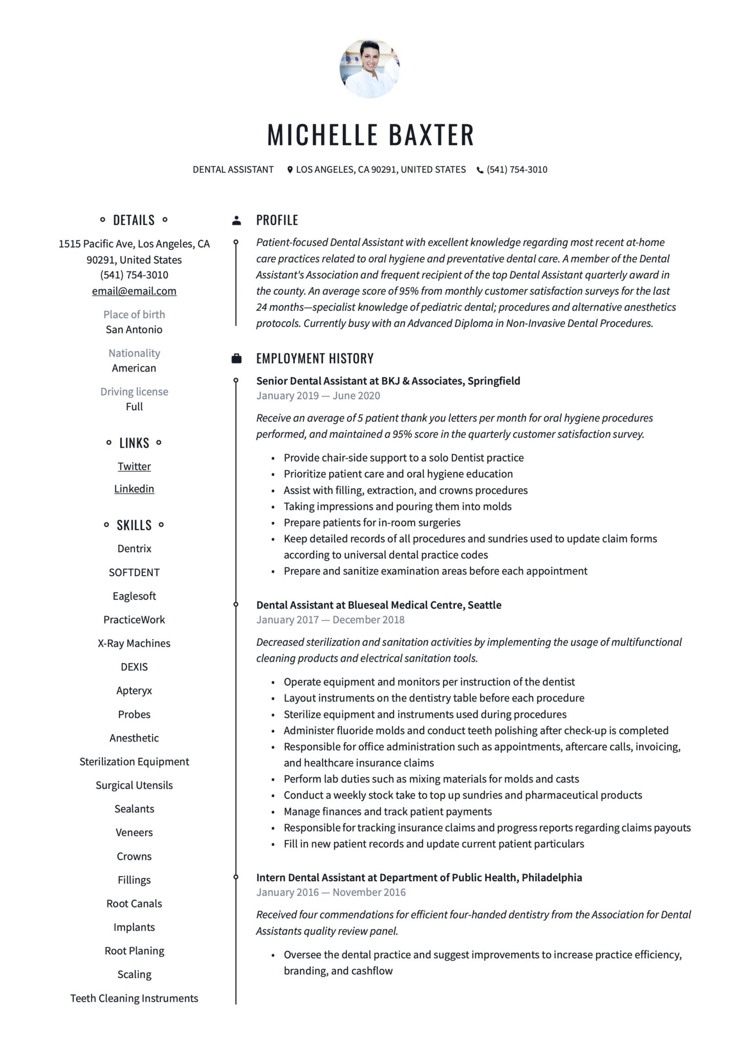 Professional Resume Example Dental Assistant