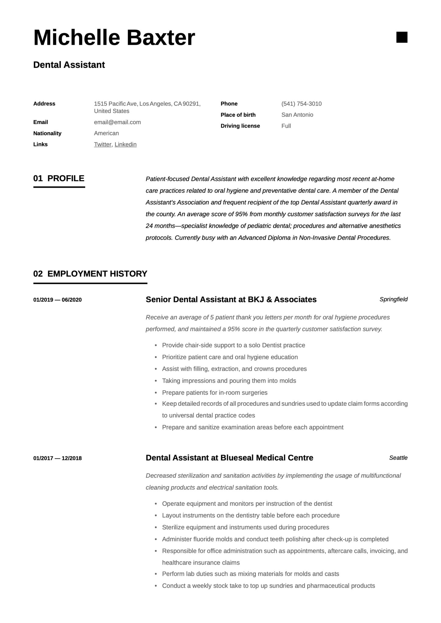 Simple Resume Template Dental Assistant