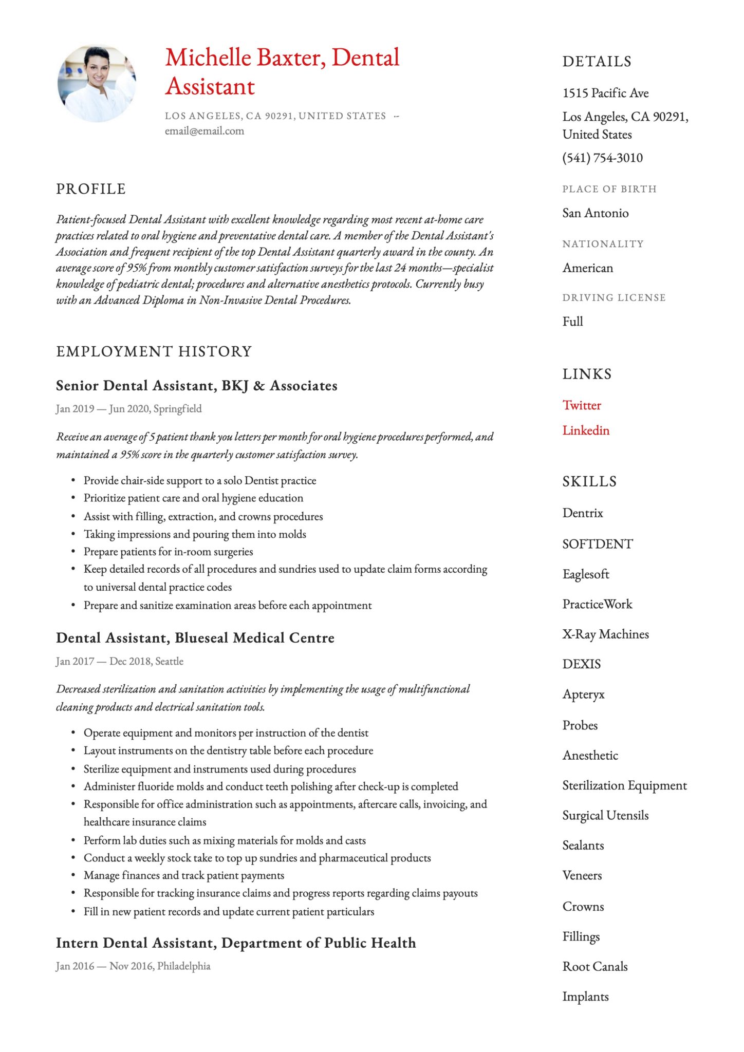 Simple Red Resume Template Dental Assistant