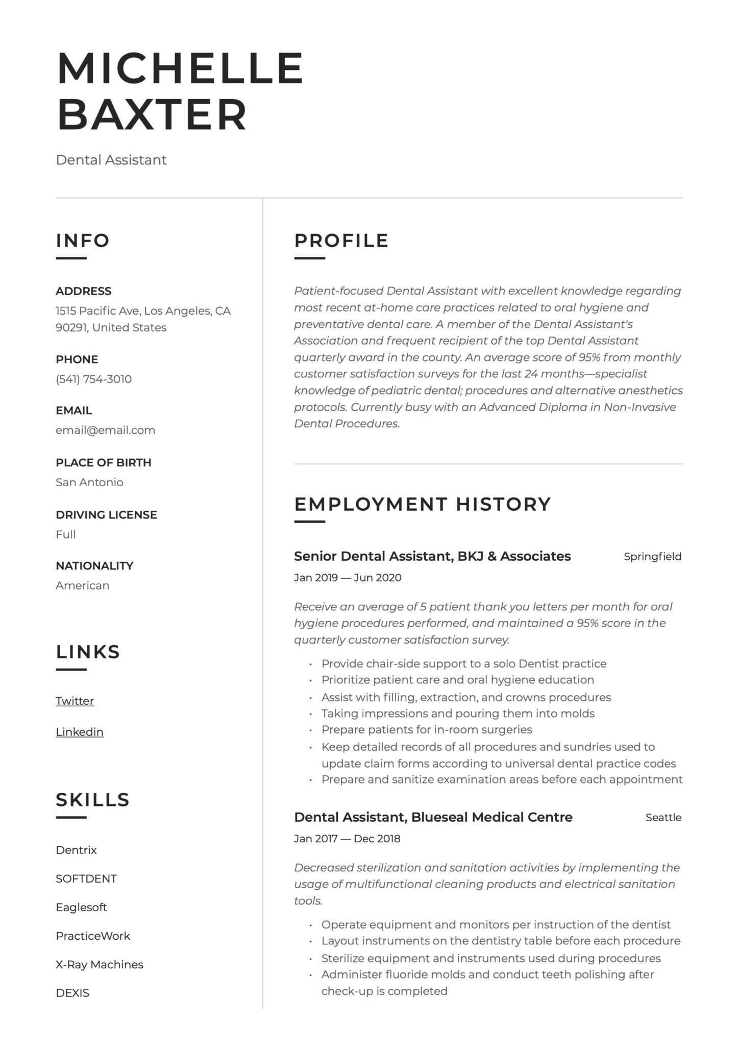 Modern Simple Resume Example Dental Assistant