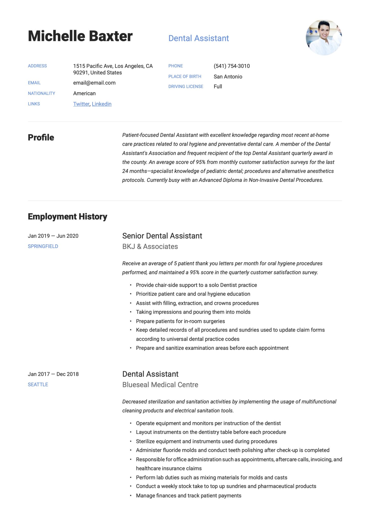 Simple Blue Resume Example Dental Assistant