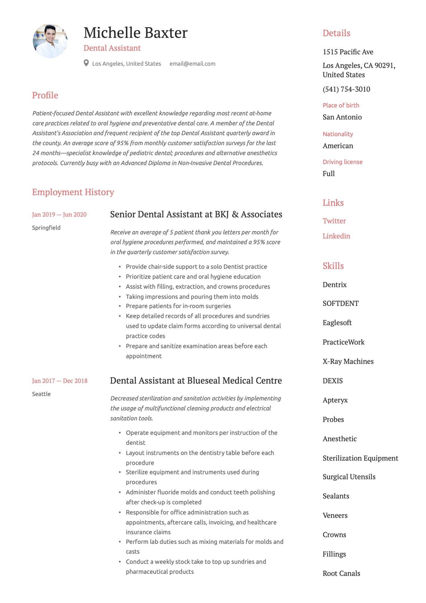 Simple Red Resume Example Dental Assistant