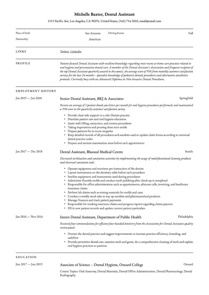 Professional Simple Resume Template Dental Dental Assistant Resume Example