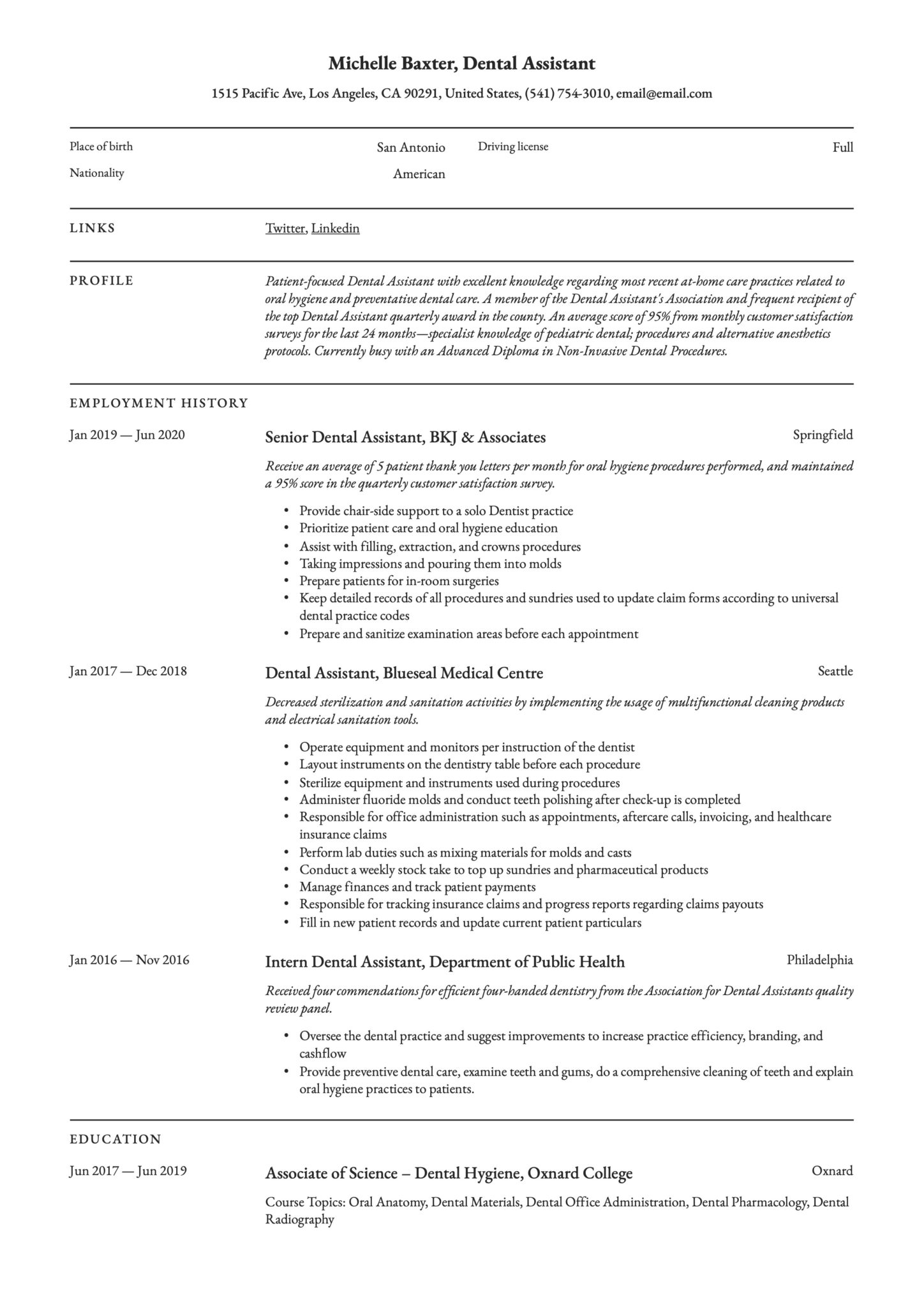 Professional Simple Resume Template Dental Assistant
