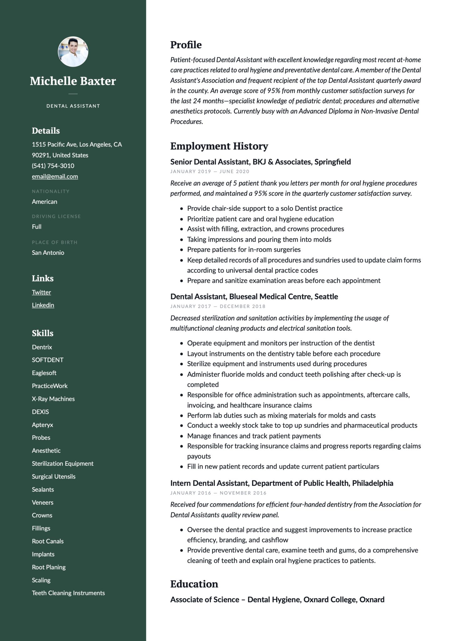 Professional Green Resume Example Dental Assistant
