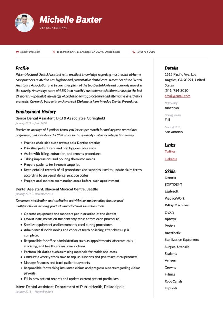 Dental Assistant Resume Example