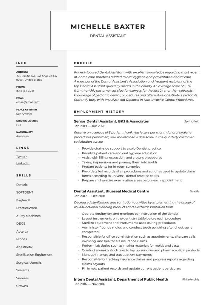 Resume Example Dental Assistant