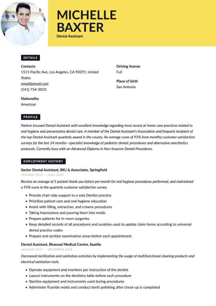 Creative Yellow Resume Template Dental Assistant
