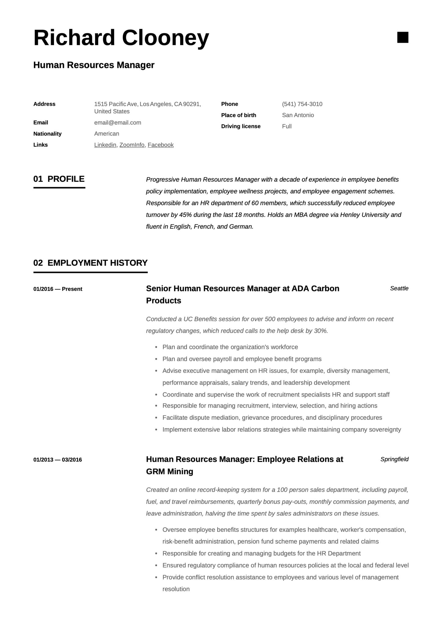 Resume Template Human Resources Manager