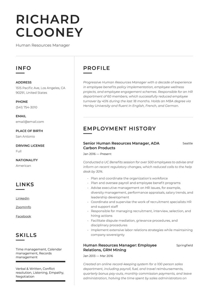 Resume Template Human Resources Manager