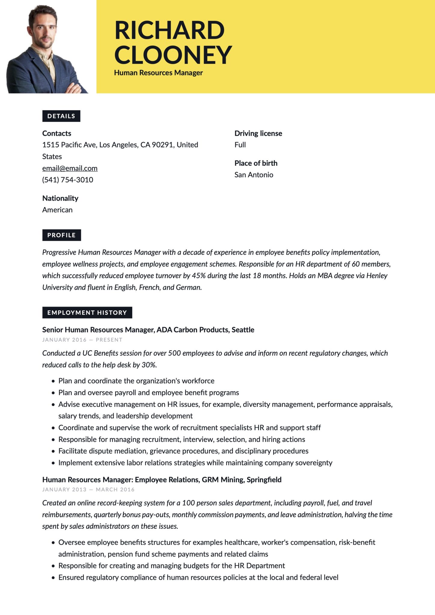 Resume Example Human Resources Manager