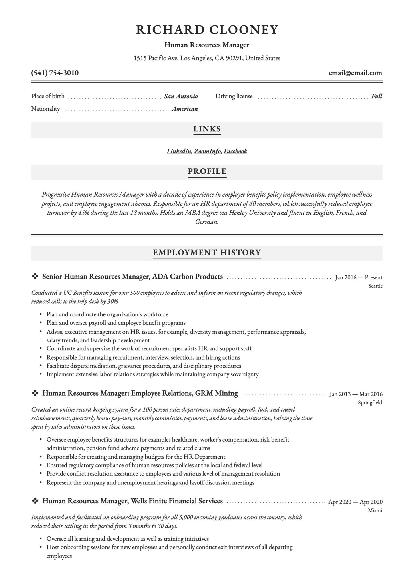 Resume Sample Human Resources Manager