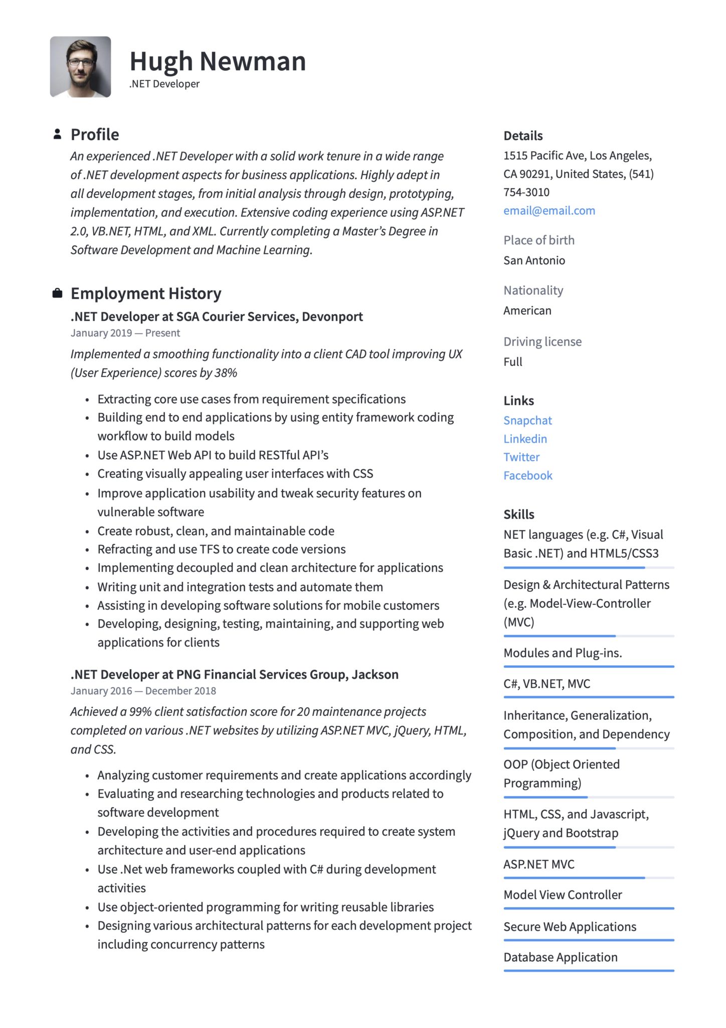 Professional Blue Resume Template .NET Developer