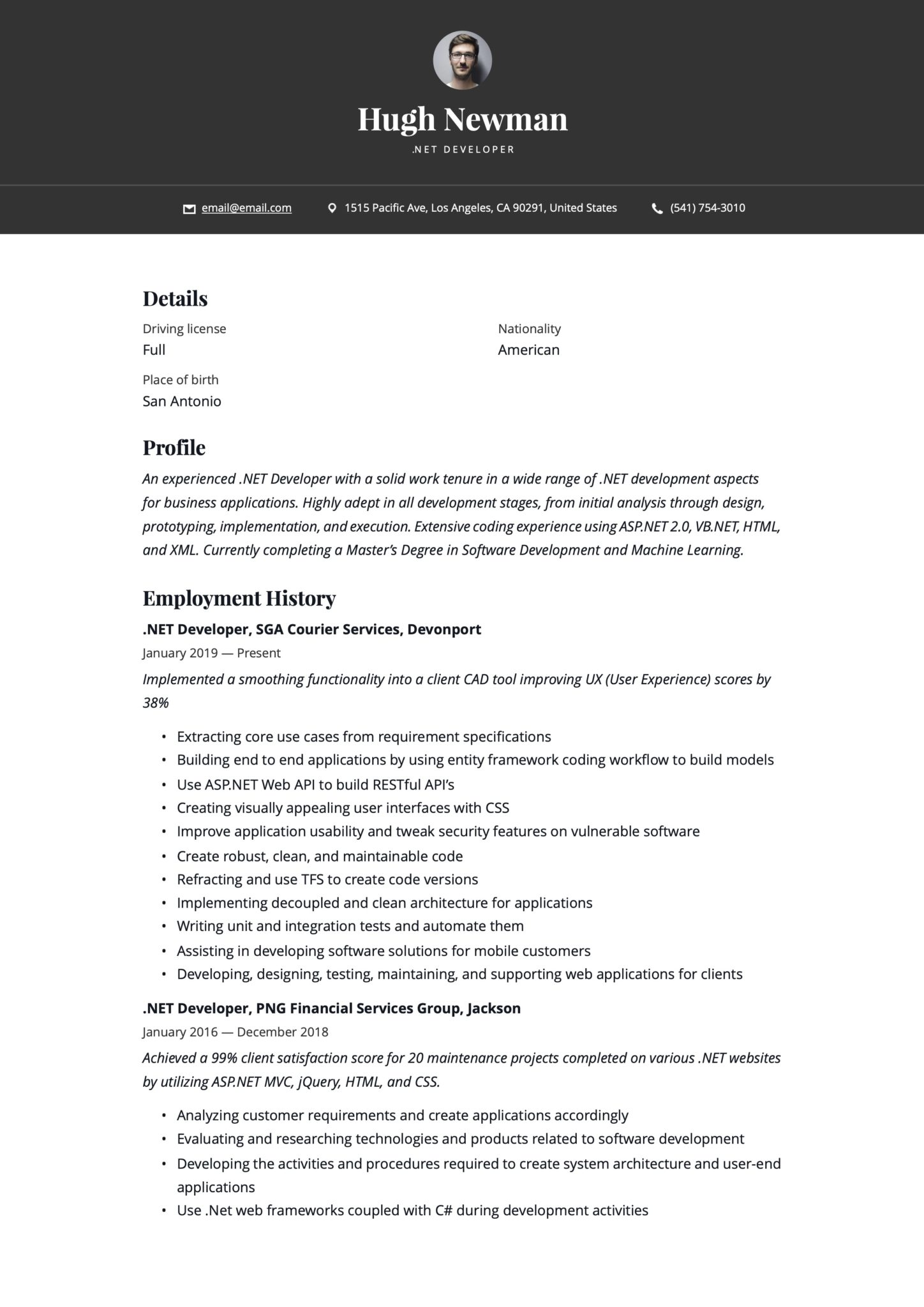 Simple Black Resume Example .NET Developer