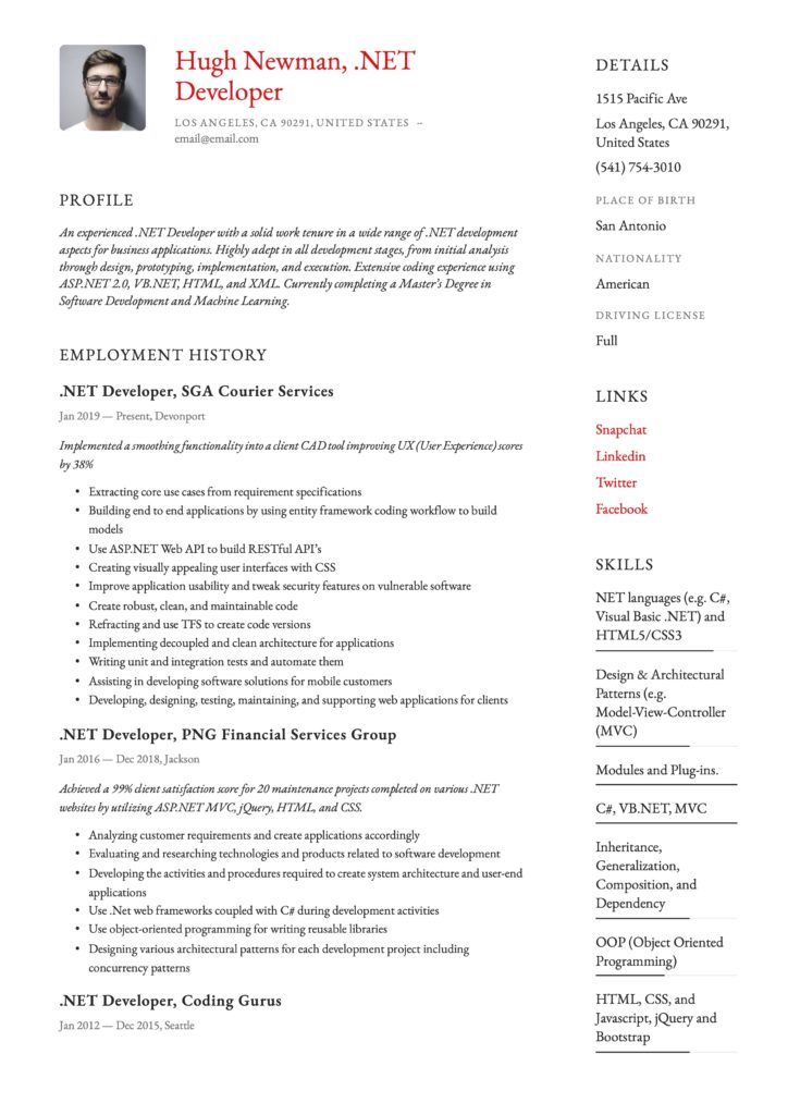 Simple Red Resume Template .NET Developer