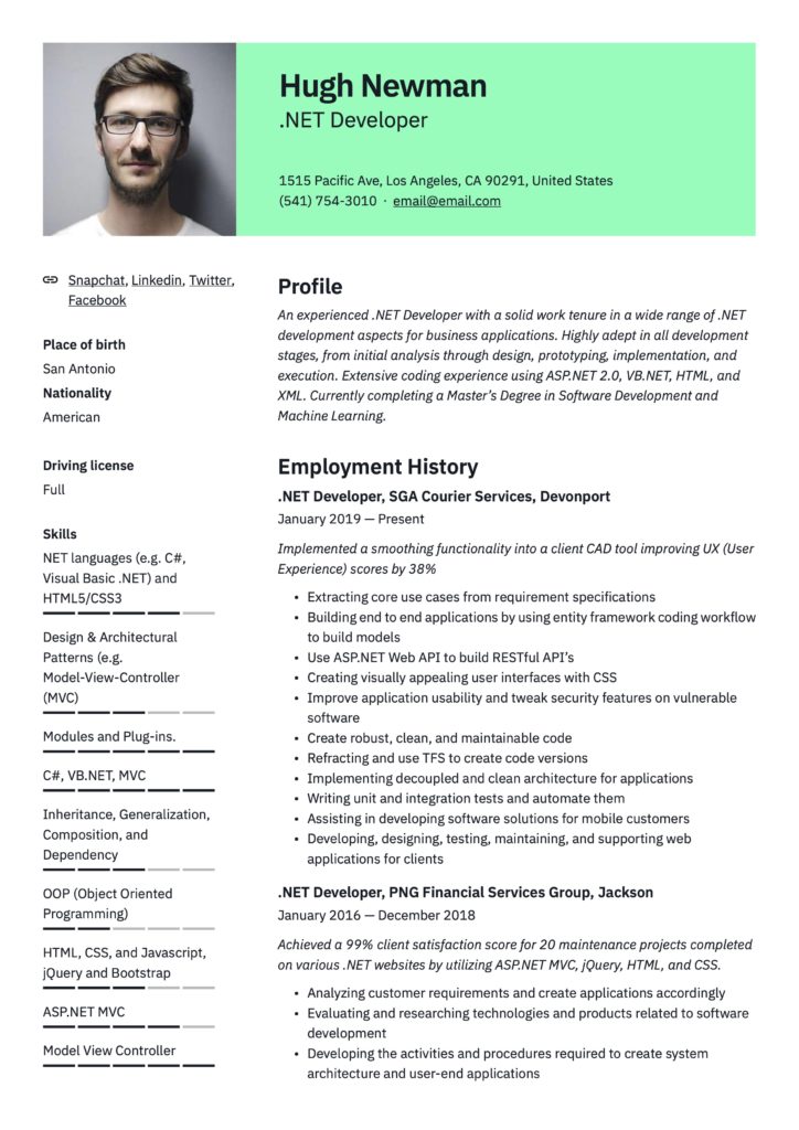 Professional Green Resume Template .NET Developer