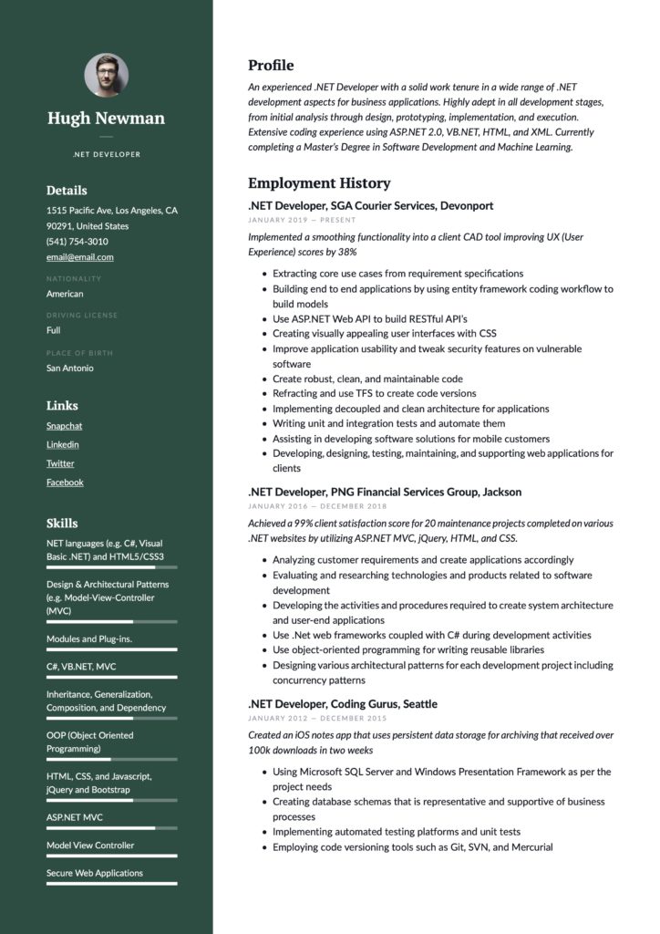 Professional Green Resume Example .NET Developer