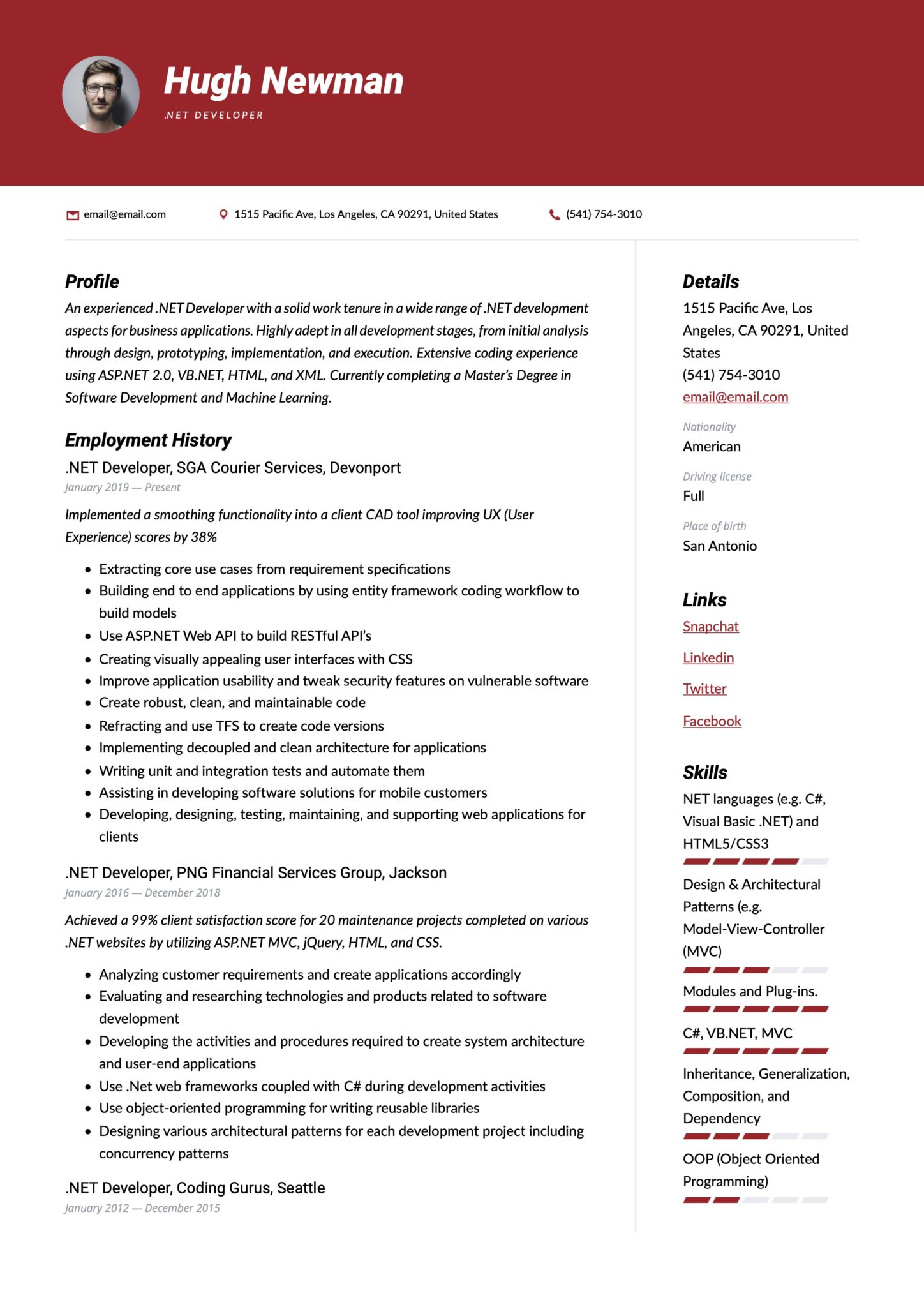 Modern Red Resume Template .NET Developer