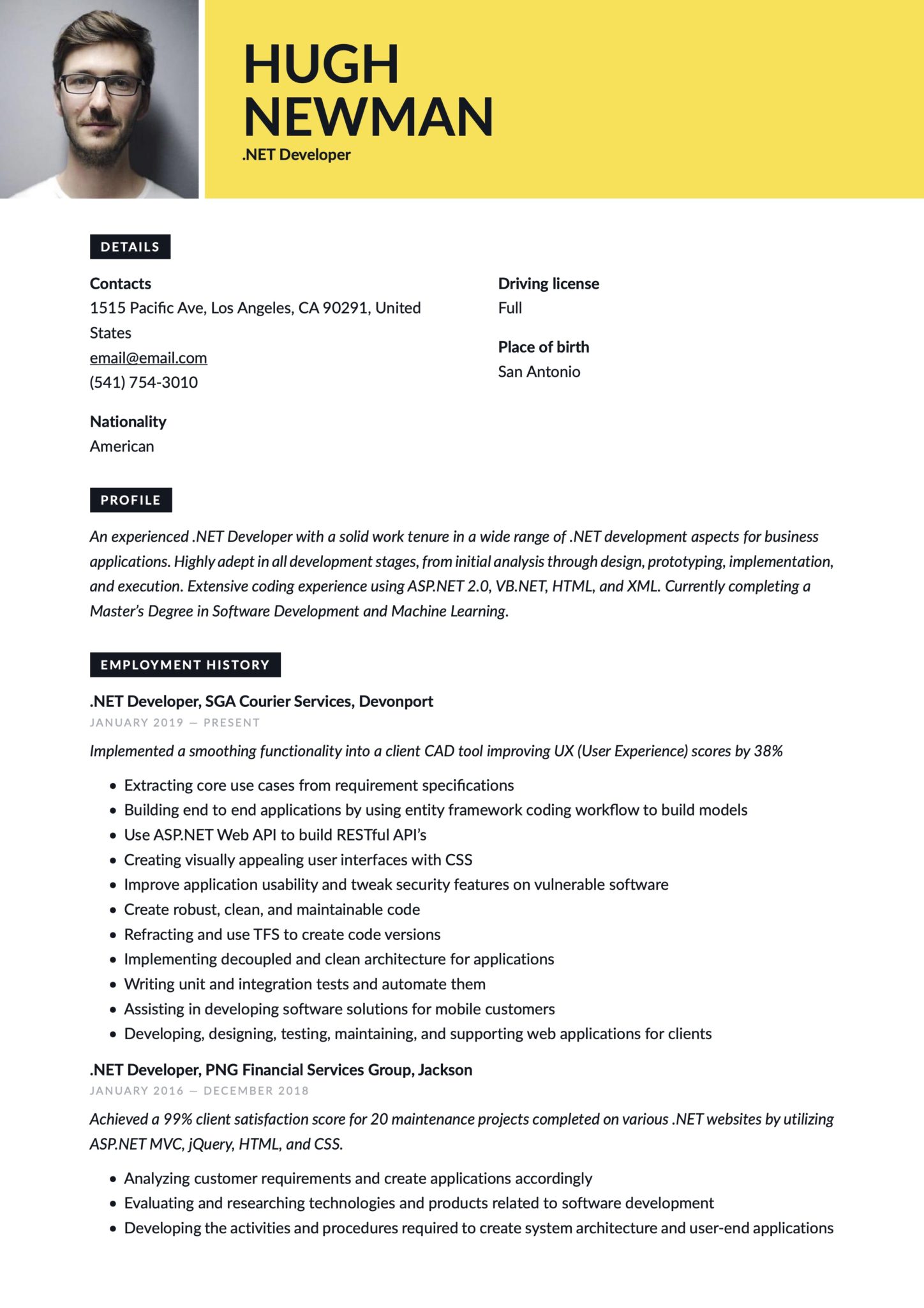 Creative Yellow Resume Template .NET Developer