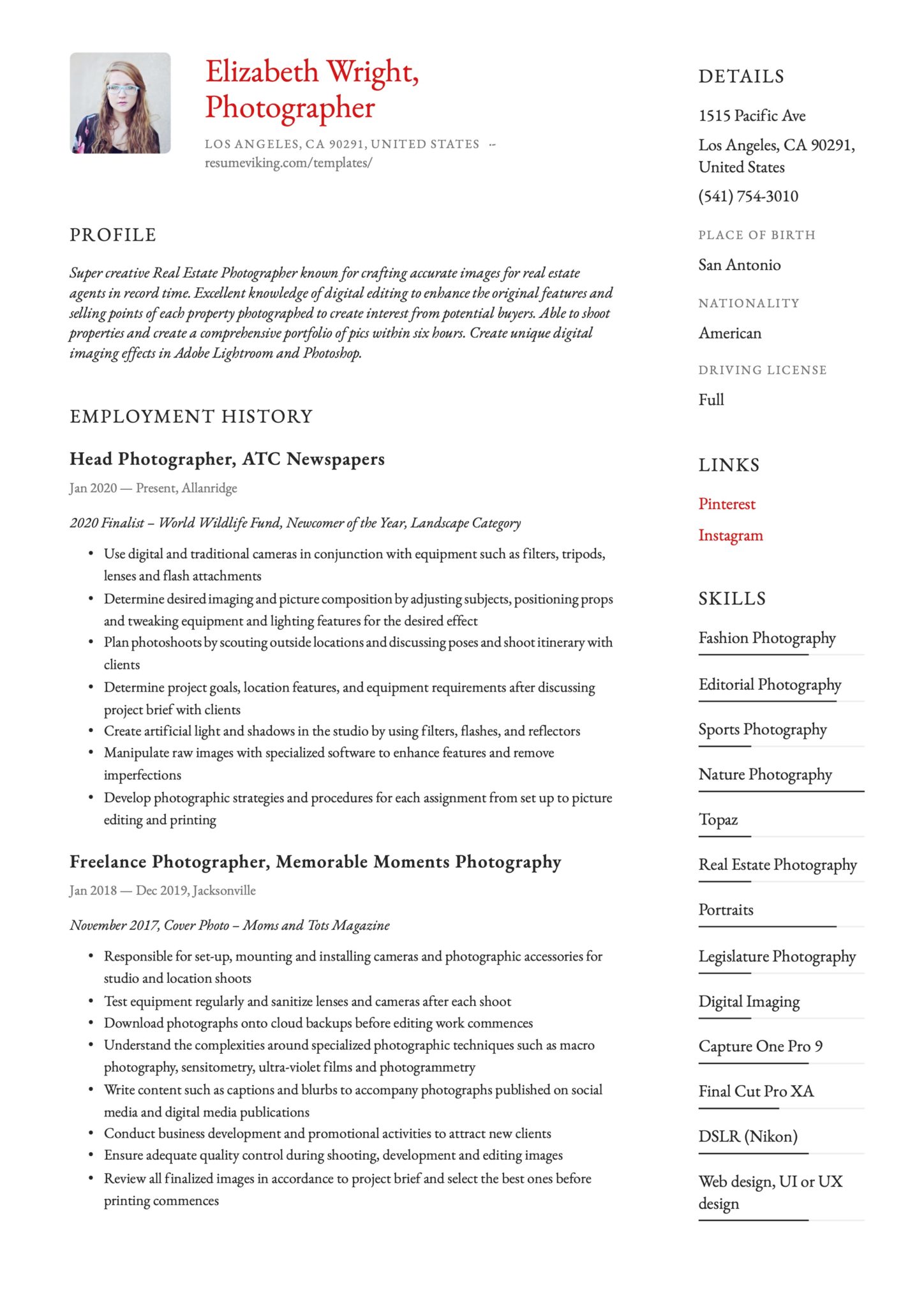 Simple Red Resume Template Photographer