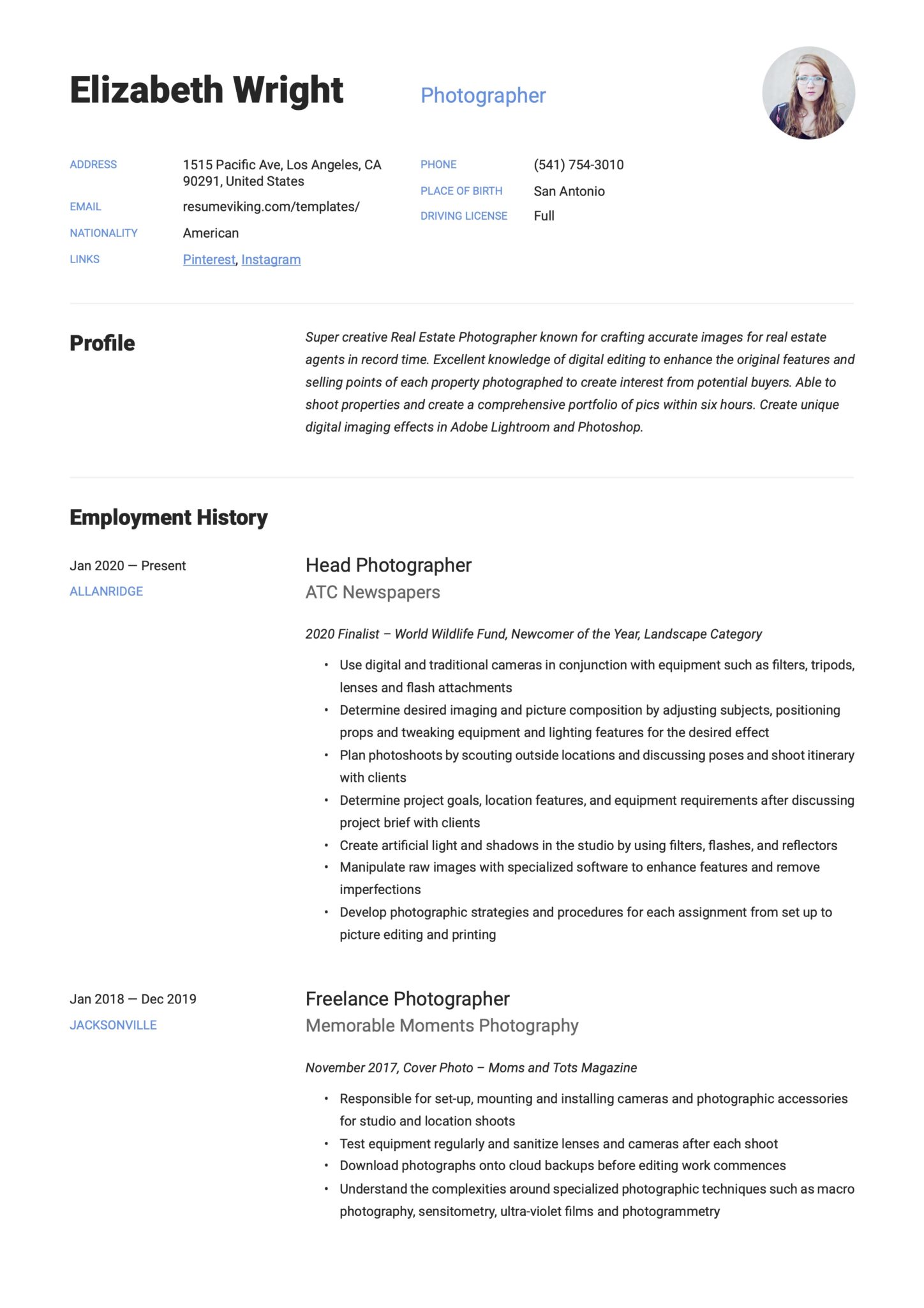 Simple Blue Resume Example Photographer