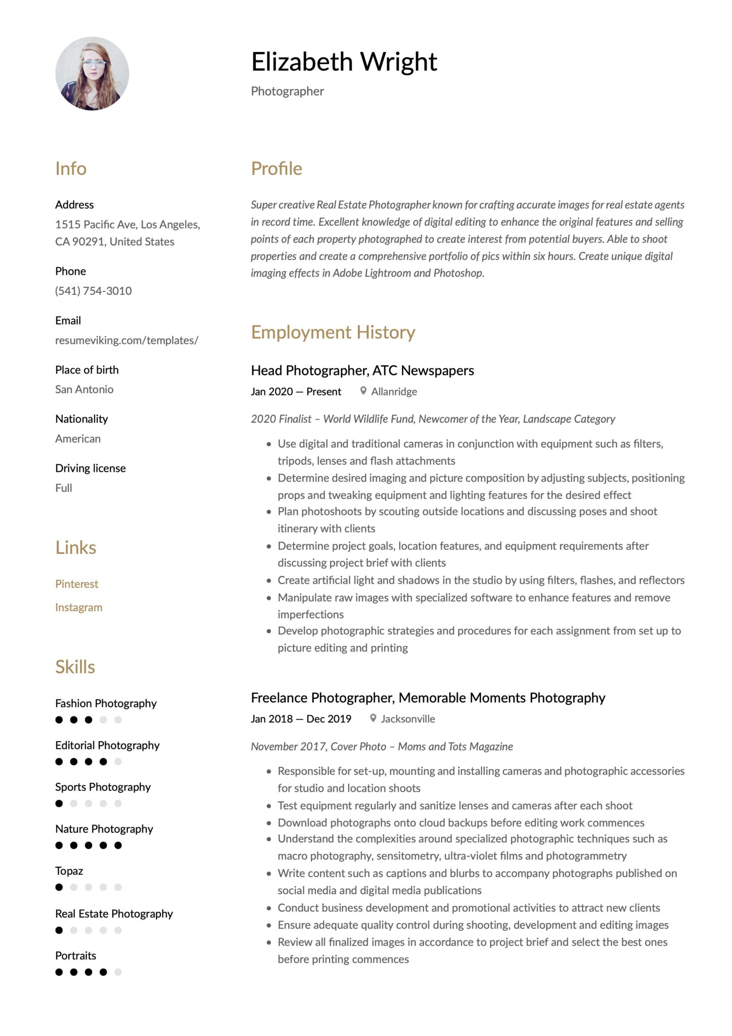 Simple Brown Resume Template Photographer