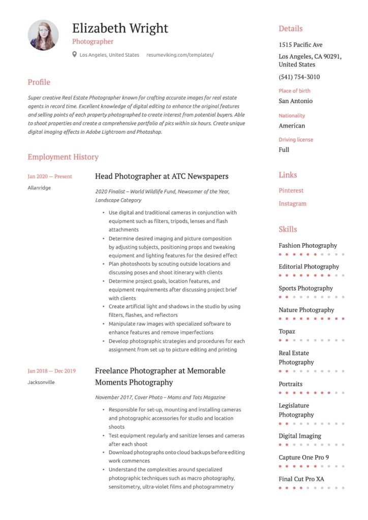 Photographer Resume Sample pdf