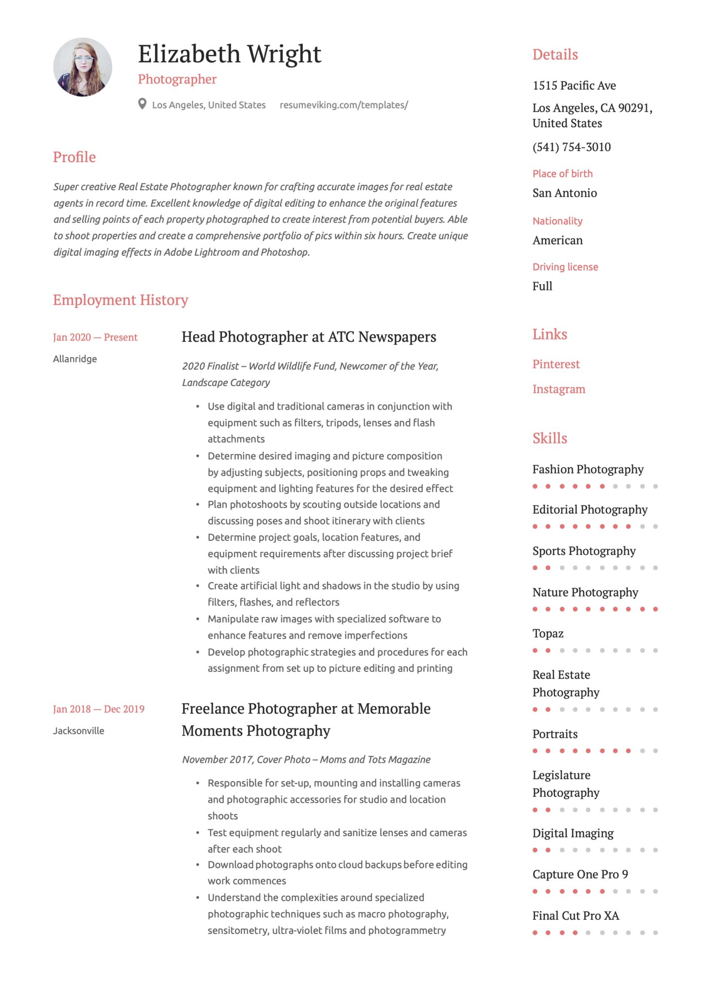 Simple Red Resume Example Photographer
