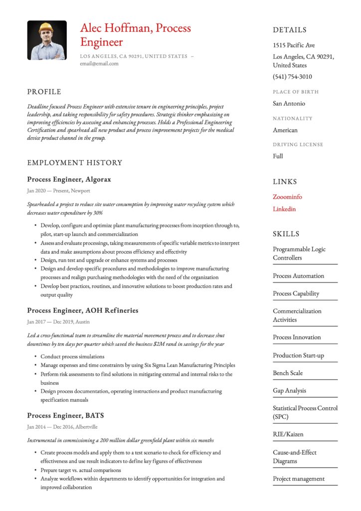 Simple Red Resume Template Process Engineer
