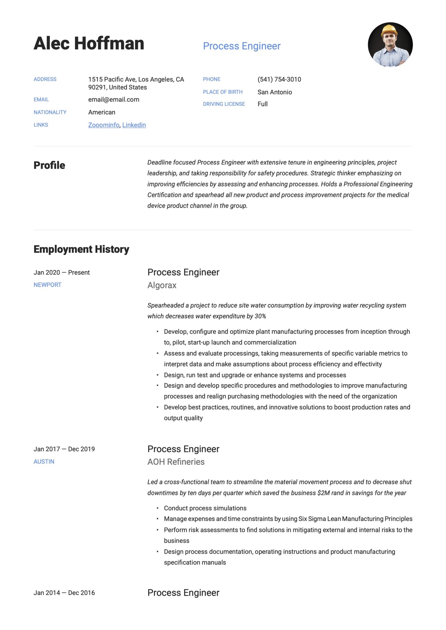 Simple Blue Resume Example Process Engineer