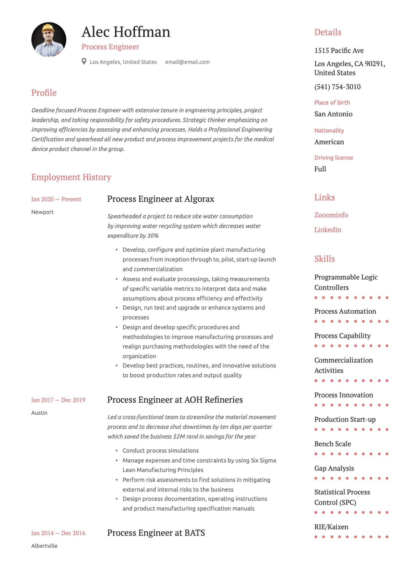 Simple Red Resume Example Process Engineer