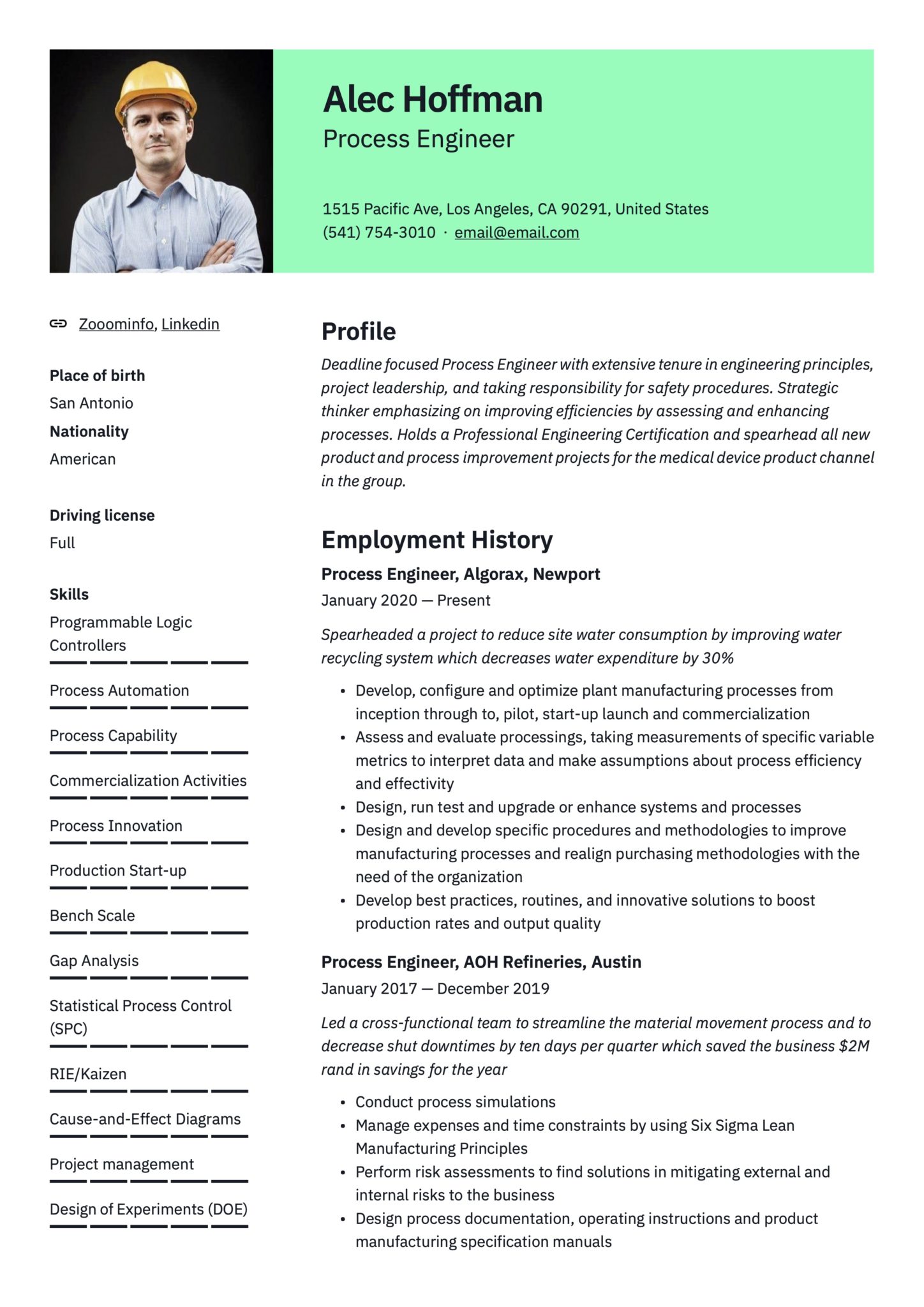Professional Green Resume Template Process Engineer