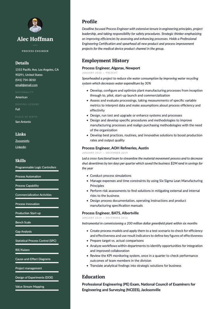Professional Green Resume Example Process Engineer