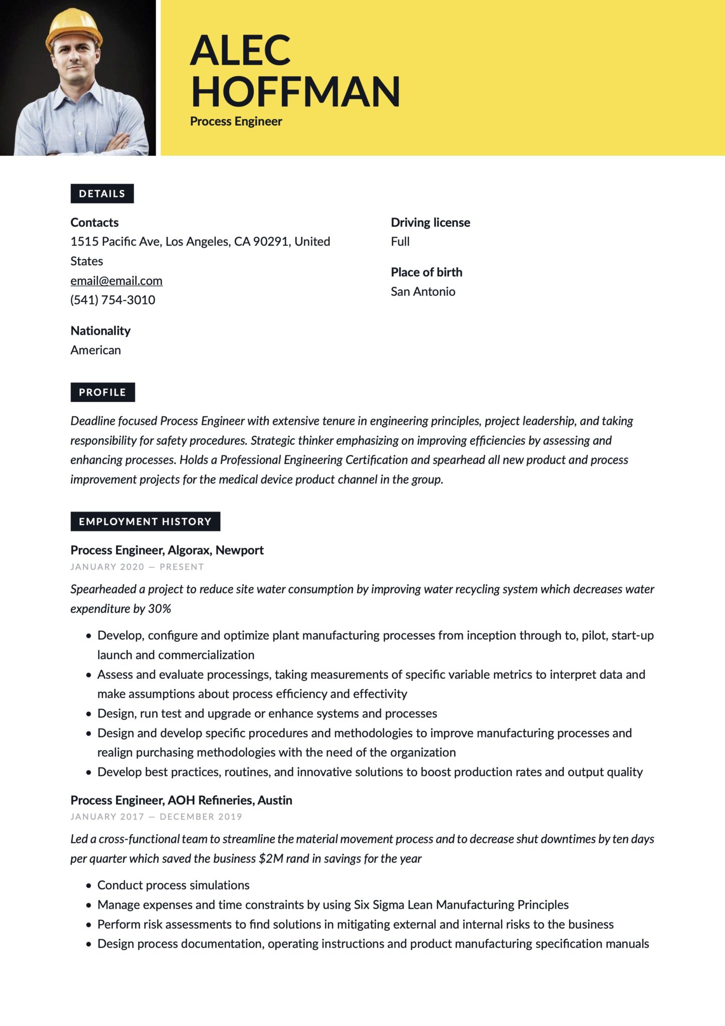 Creative Yellow Resume Template Process Engineer