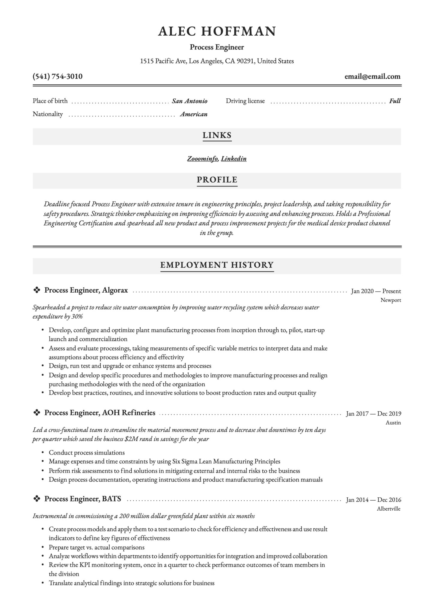 Professional Resume Example Process Engineer