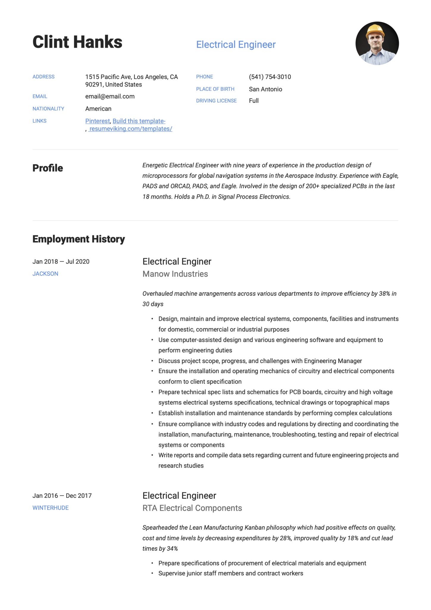 Simple Blue Resume Example Electrical Engineer