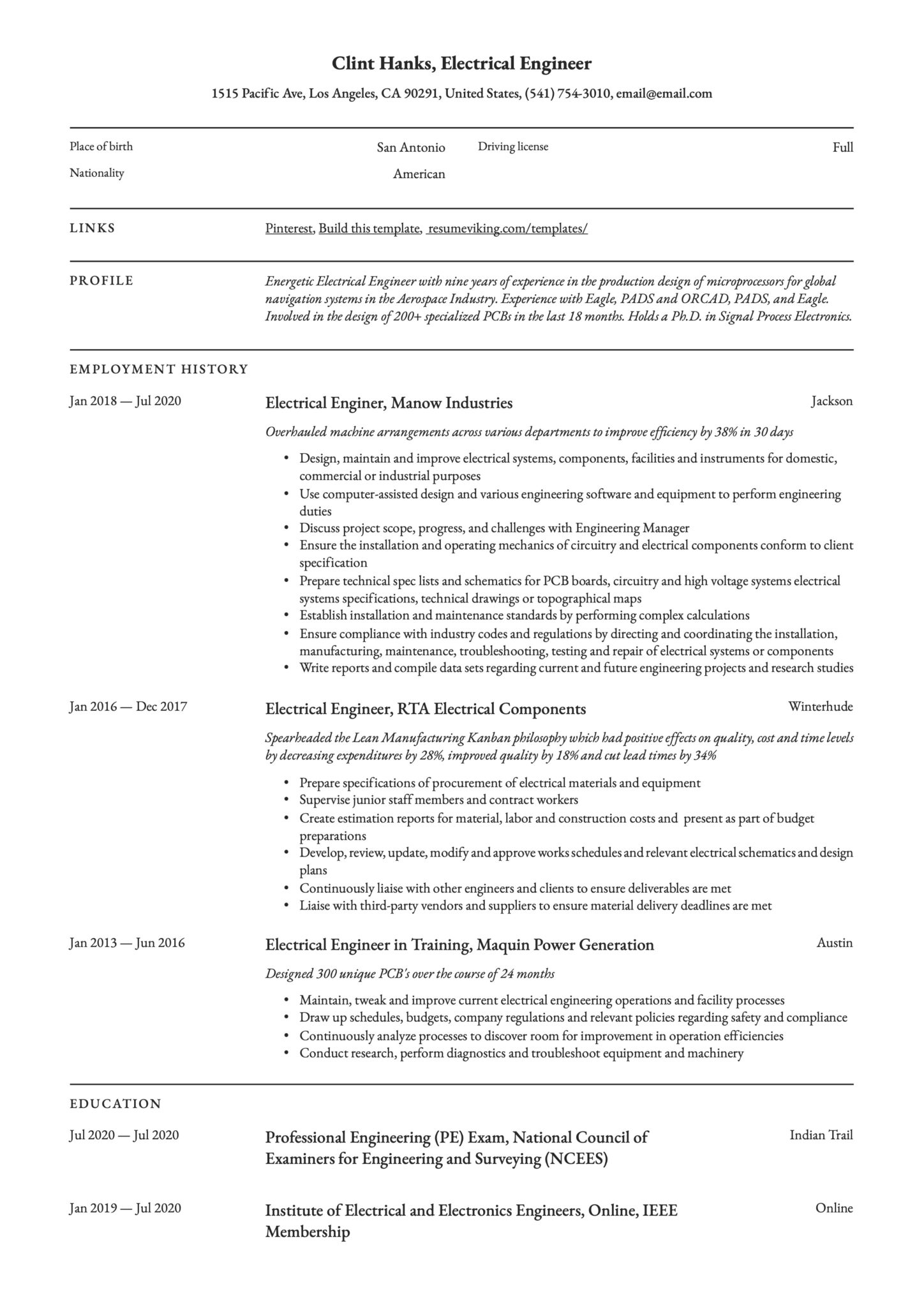 Professional Simple Resume Template Electrical Engineer