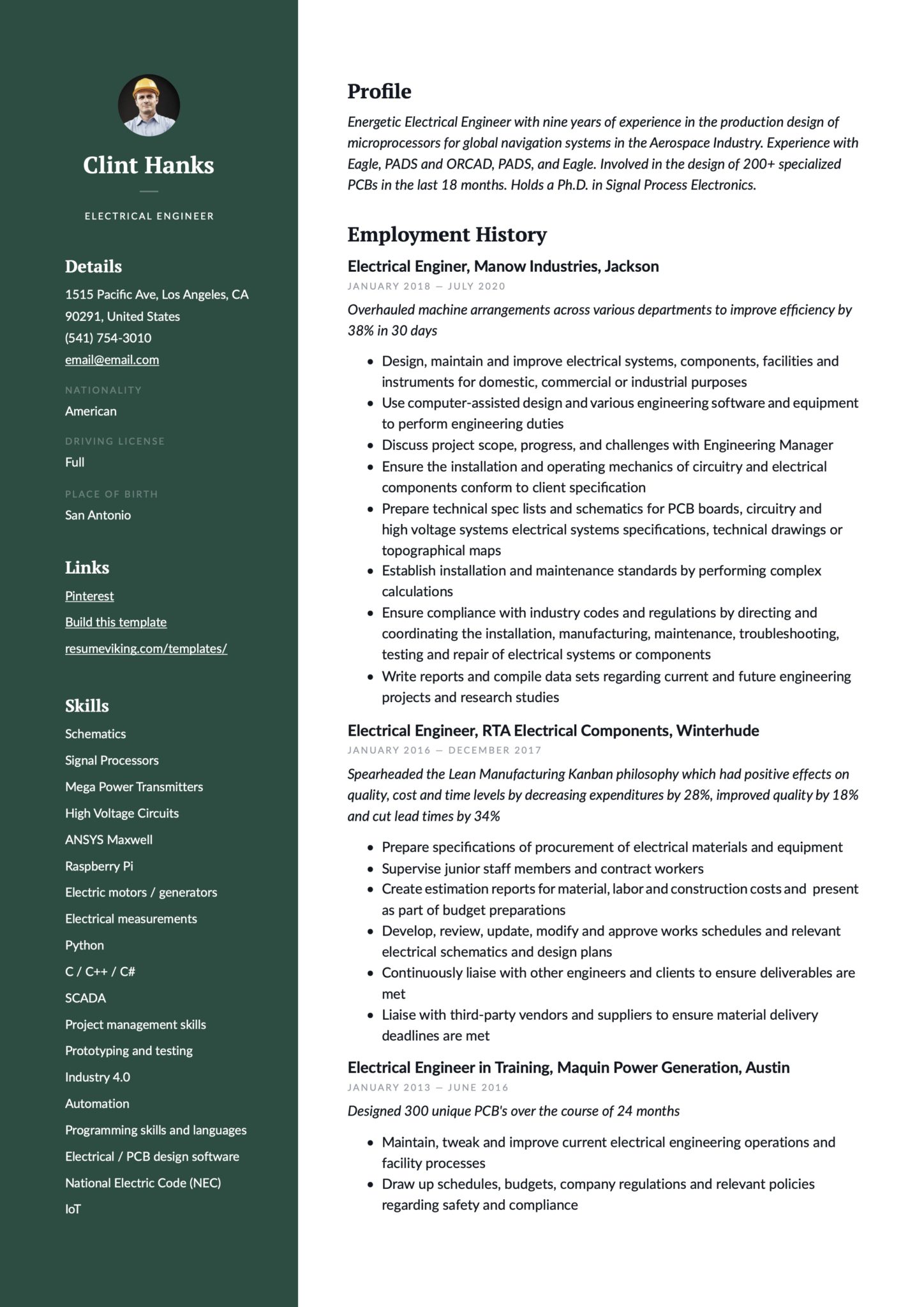Professional Green Resume Example Electrical Engineer