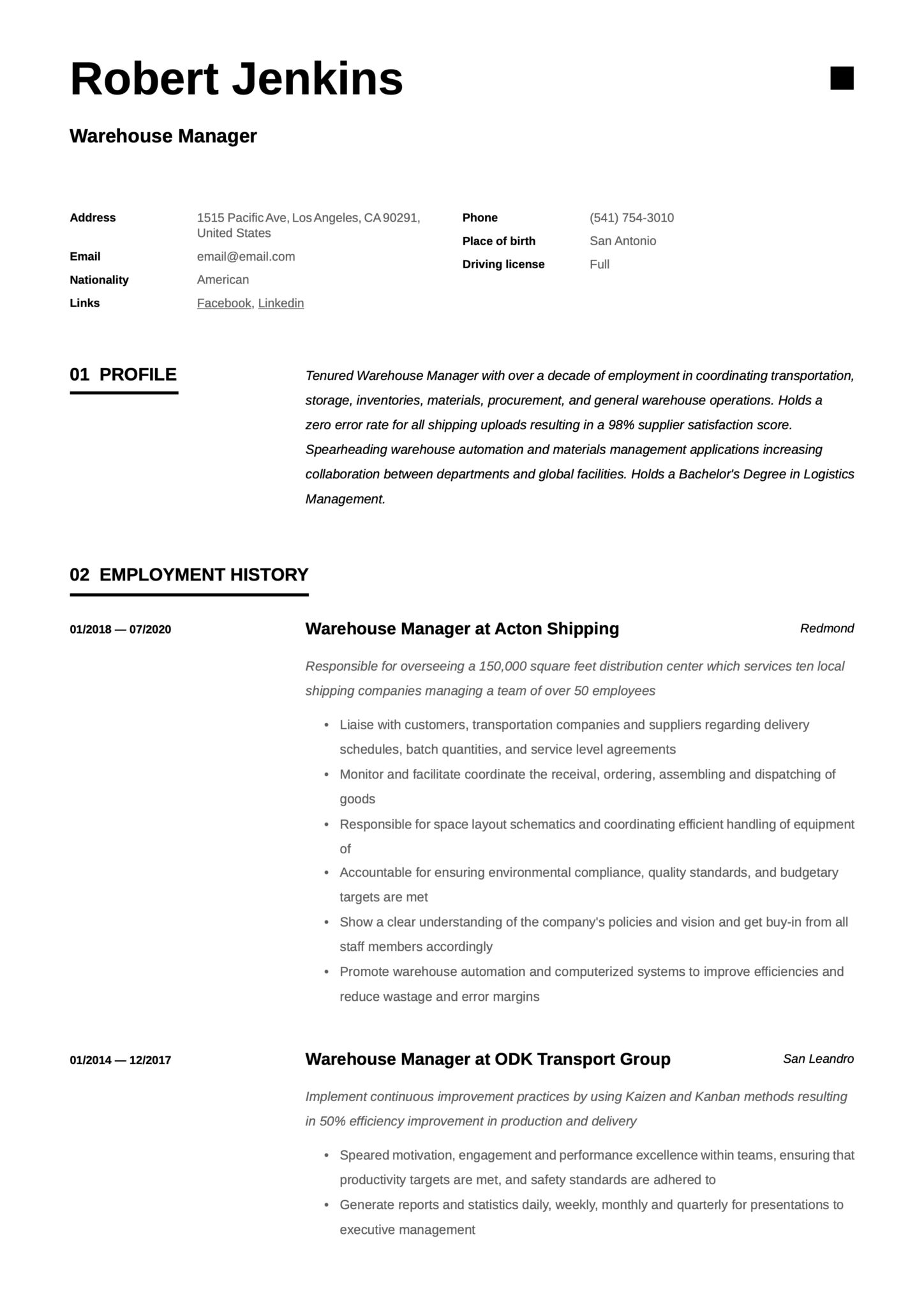 Simple Resume Template Warehouse Manager