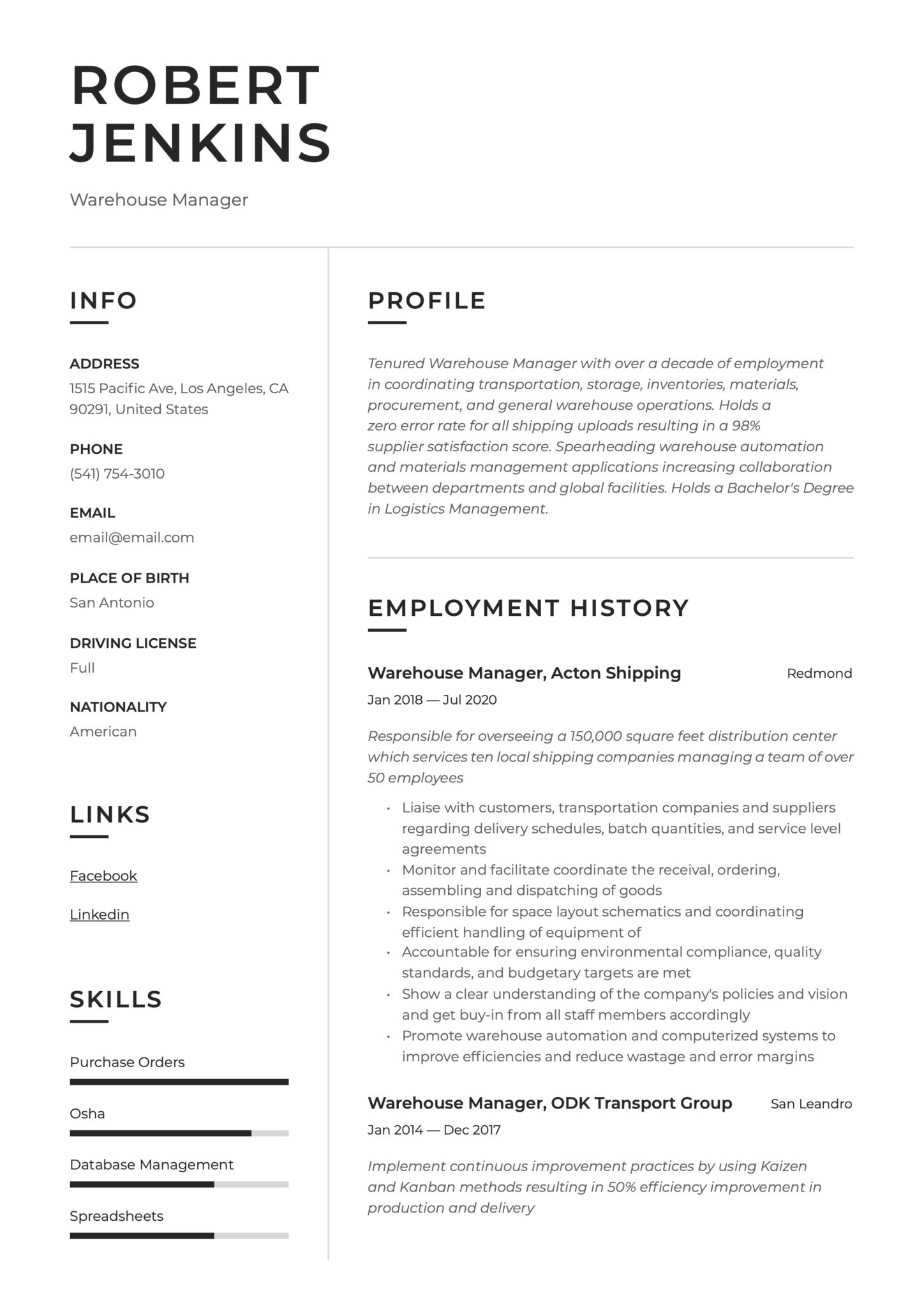Modern Simple Resume Example Warehouse Manager