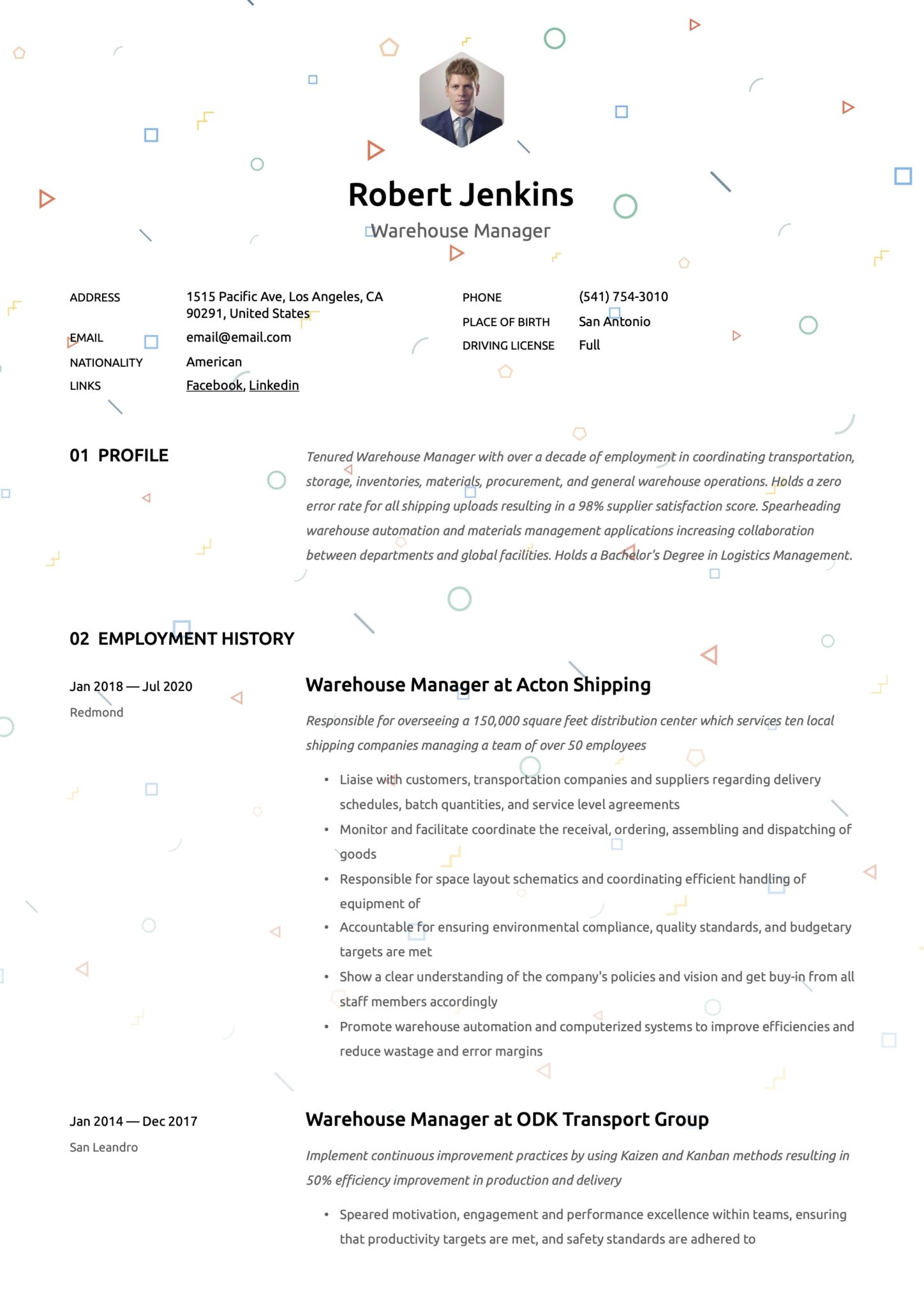 Creative Resume Template Warehouse Manager