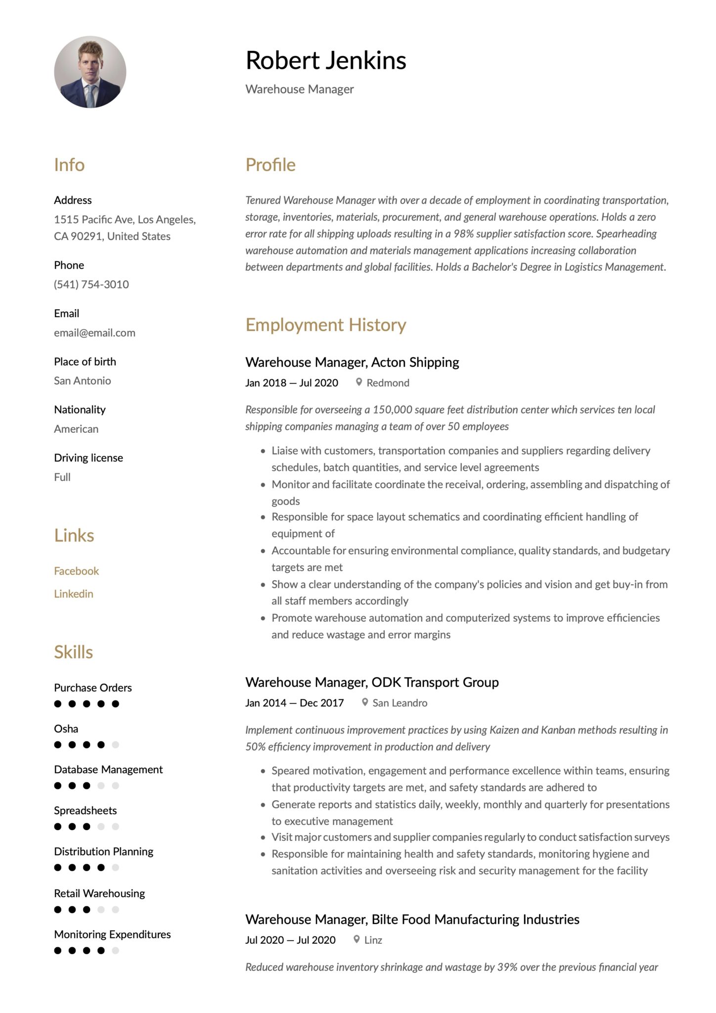 Simple Brown Resume Template Warehouse Manager