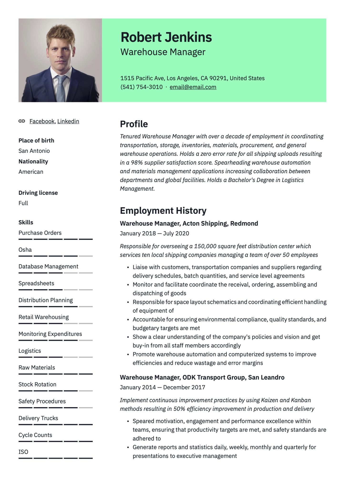 Warehouse Manager Resume Example