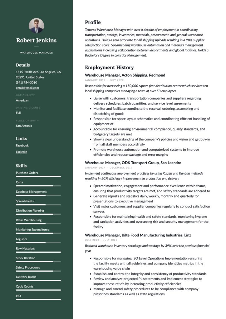 Resume Example Warehouse Manager