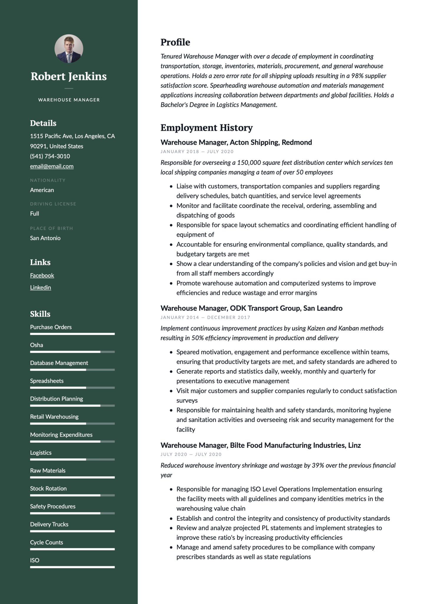 Professional Green Resume Example Warehouse Manager
